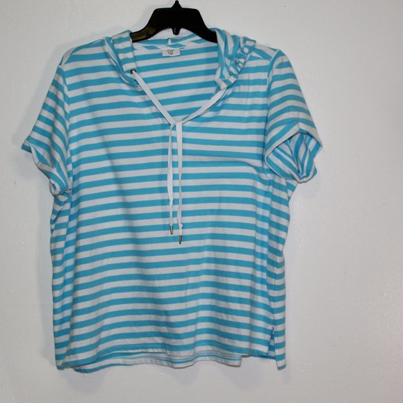 Crown & Ivy Beach Woman Blue/White stripe hooded top 2x